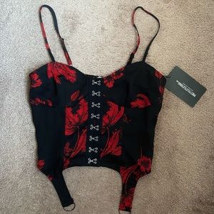 Pretty Little Thing Red Floral Woven Hook and Eye Curved Hem Corset Top